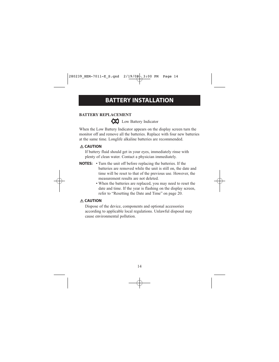 Battery installation | Omron Healthcare INTELLI SENSE HEM-711AC User Manual | Page 14 / 38