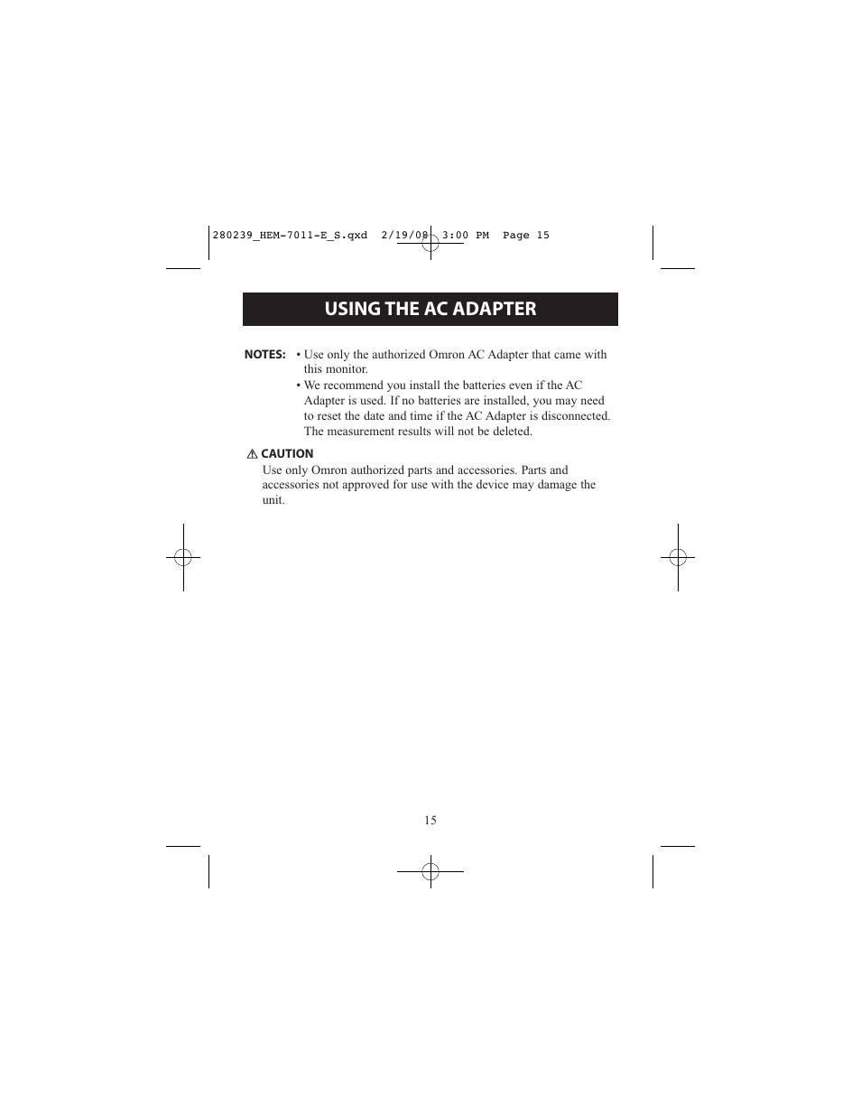 Using the ac adapter | Omron Healthcare INTELLI SENSE HEM-711AC User Manual | Page 15 / 38