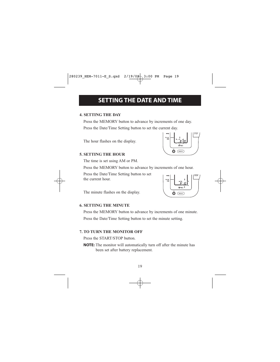 Setting the date and time | Omron Healthcare INTELLI SENSE HEM-711AC User Manual | Page 19 / 38