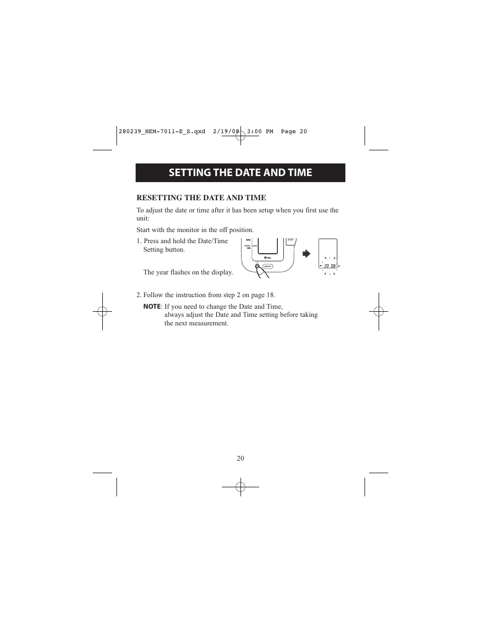 Setting the date and time | Omron Healthcare INTELLI SENSE HEM-711AC User Manual | Page 20 / 38