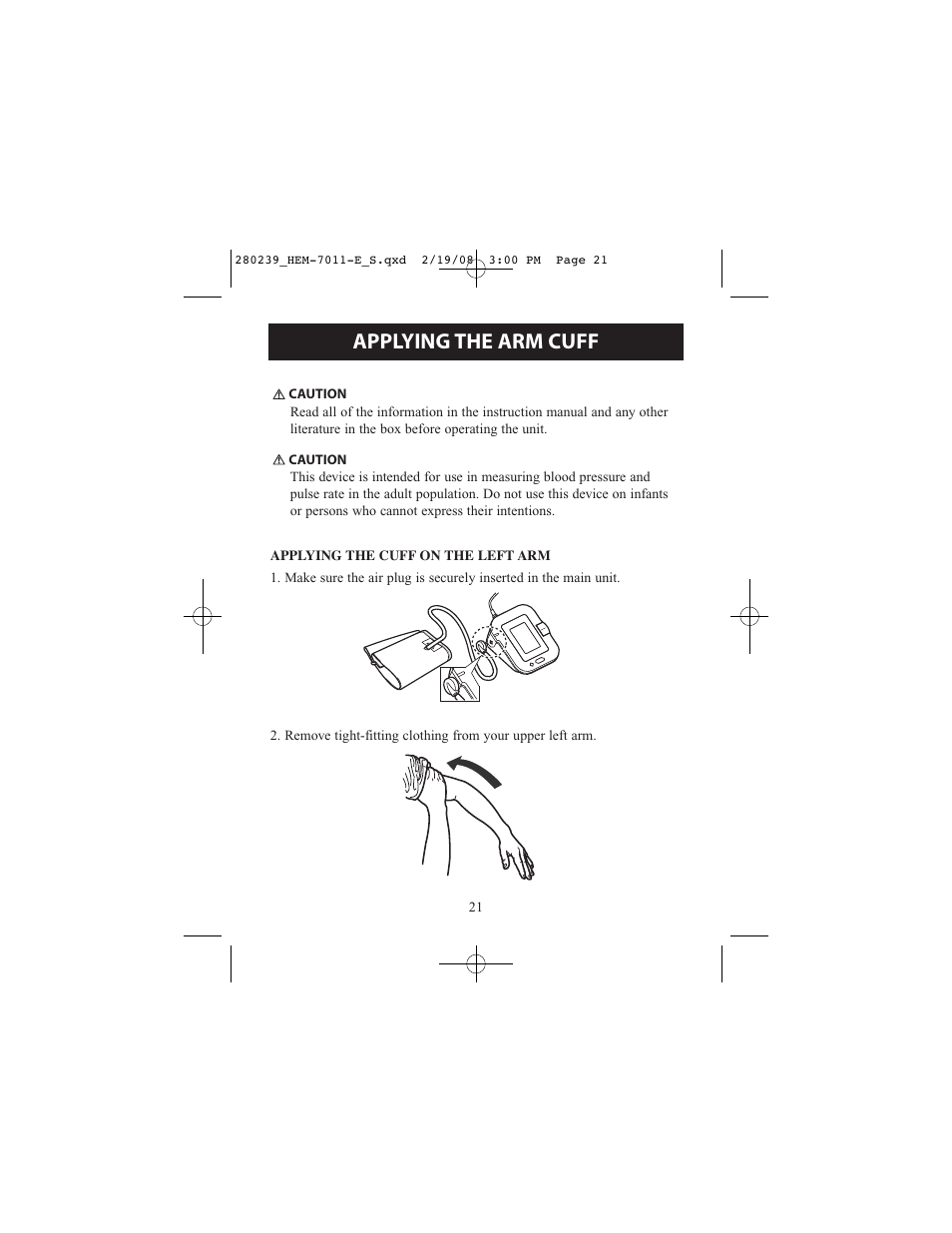 Applying the arm cuff | Omron Healthcare INTELLI SENSE HEM-711AC User Manual | Page 21 / 38