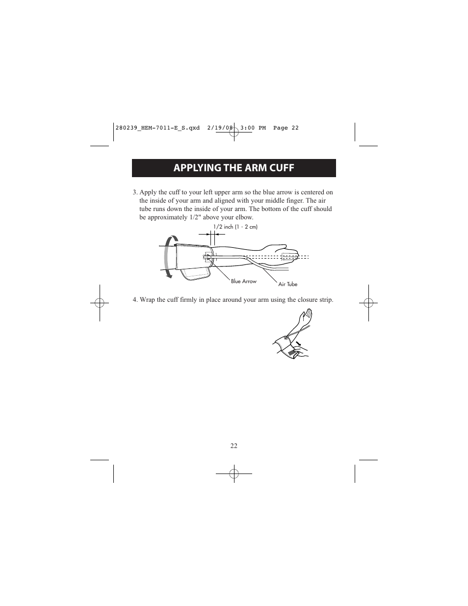 Applying the arm cuff | Omron Healthcare INTELLI SENSE HEM-711AC User Manual | Page 22 / 38