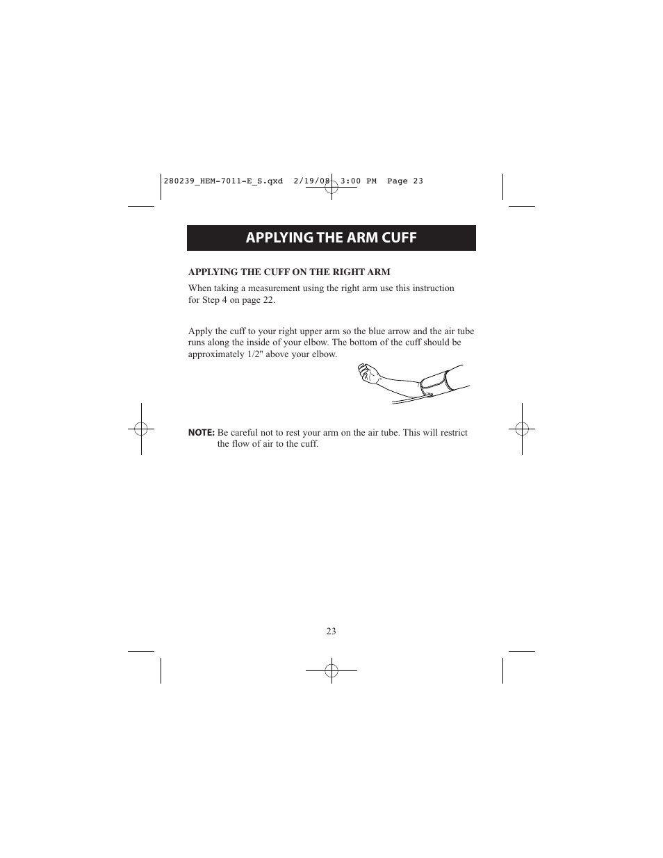 Applying the arm cuff | Omron Healthcare INTELLI SENSE HEM-711AC User Manual | Page 23 / 38