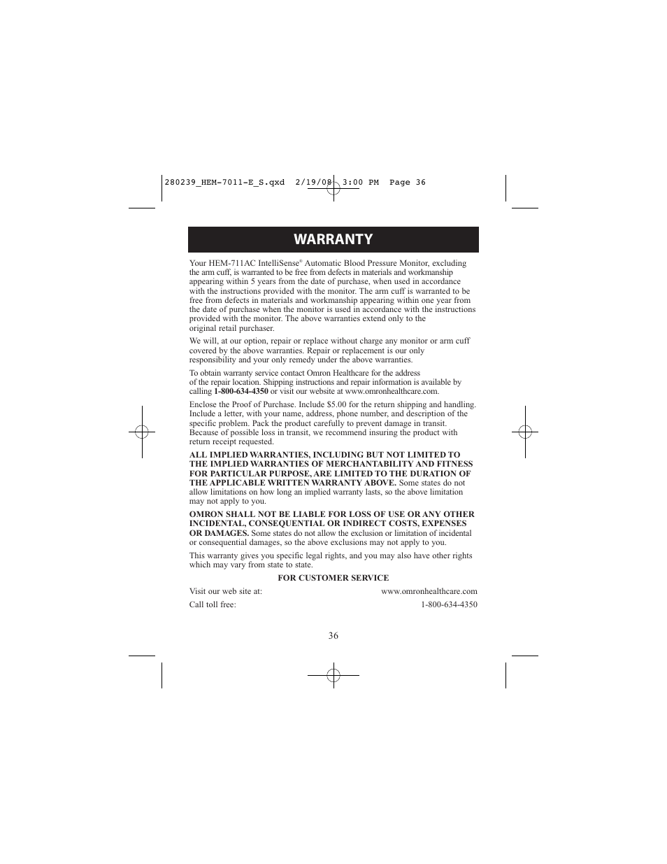 Warranty | Omron Healthcare INTELLI SENSE HEM-711AC User Manual | Page 36 / 38