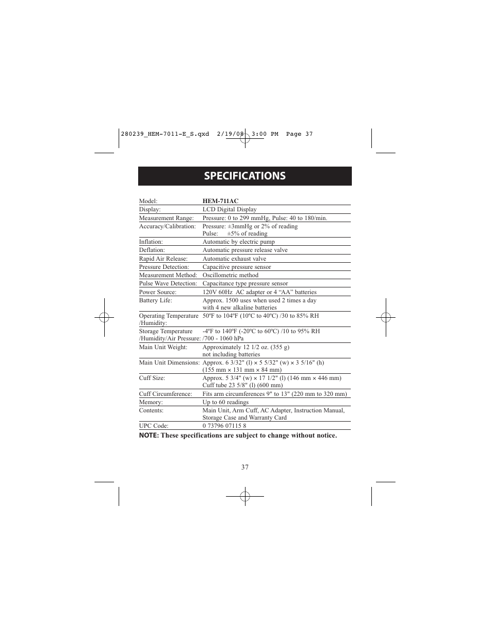 Specifications | Omron Healthcare INTELLI SENSE HEM-711AC User Manual | Page 37 / 38