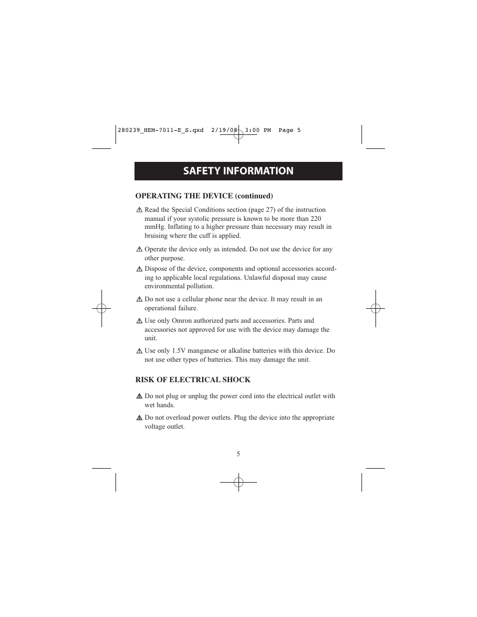 Safety information | Omron Healthcare INTELLI SENSE HEM-711AC User Manual | Page 5 / 38