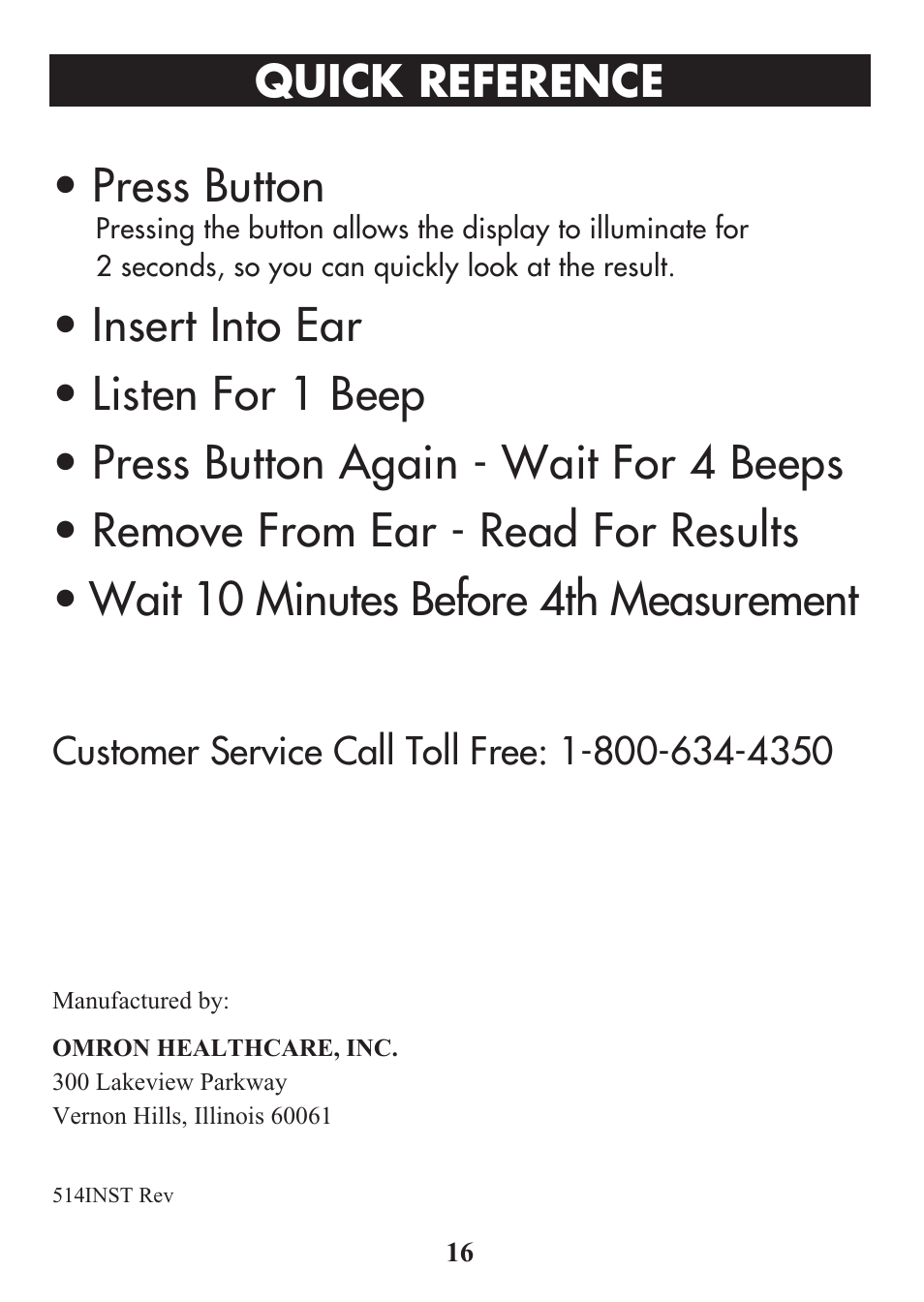 Press button, Title, Quick reference | Omron Healthcare MC-514 User Manual | Page 16 / 32