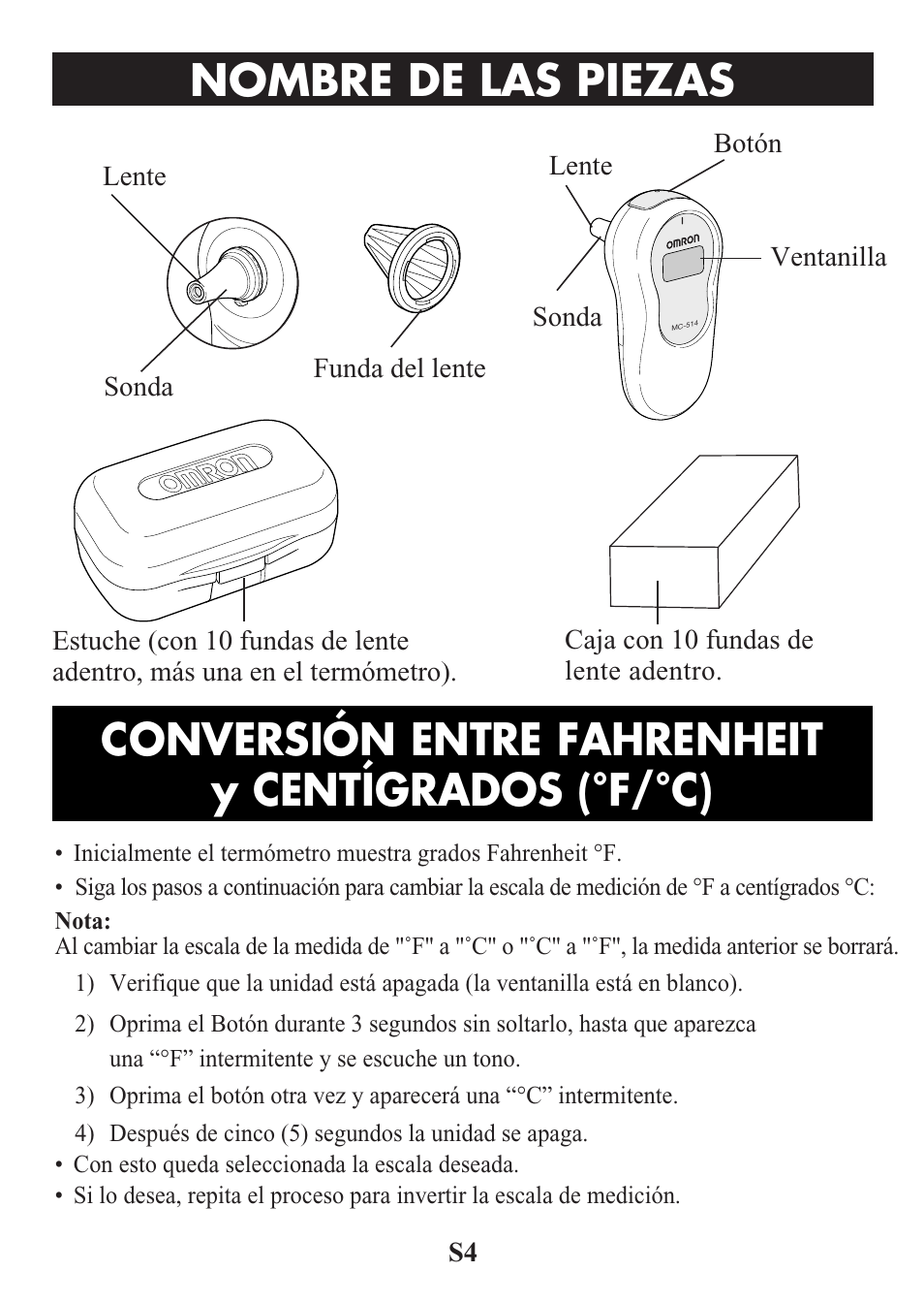 Title, Nombre de las piezas, Conversión entre fahrenheit y centígrados (°f/°c) | Omron Healthcare MC-514 User Manual | Page 20 / 32