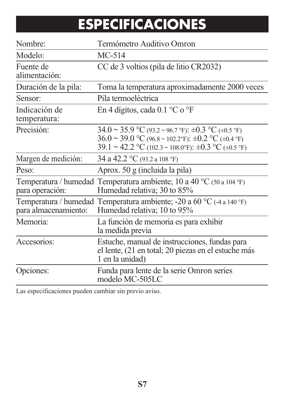 Title, Especificaciones | Omron Healthcare MC-514 User Manual | Page 23 / 32