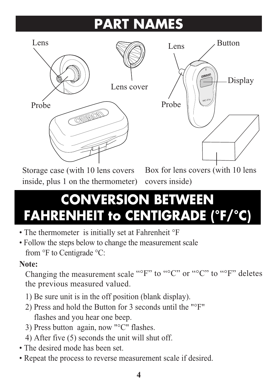 Title, Part names | Omron Healthcare MC-514 User Manual | Page 4 / 32