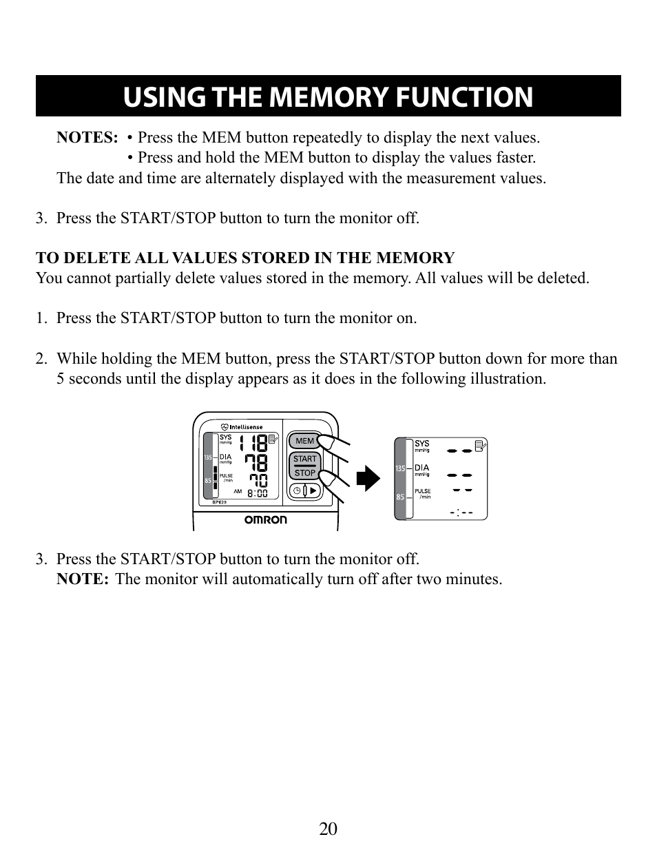 To delete all values stored in the memory | Omron Healthcare BP629 User Manual | Page 20 / 27