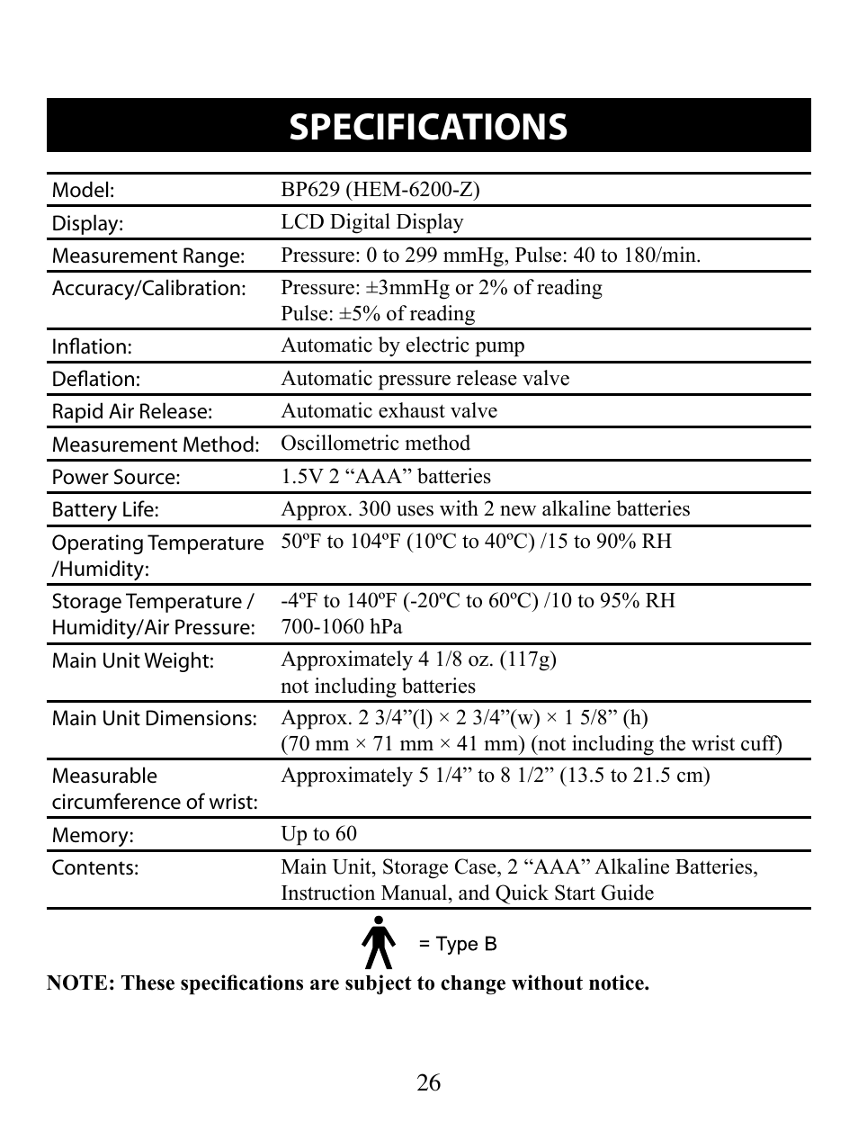 Specifications | Omron Healthcare BP629 User Manual | Page 26 / 27
