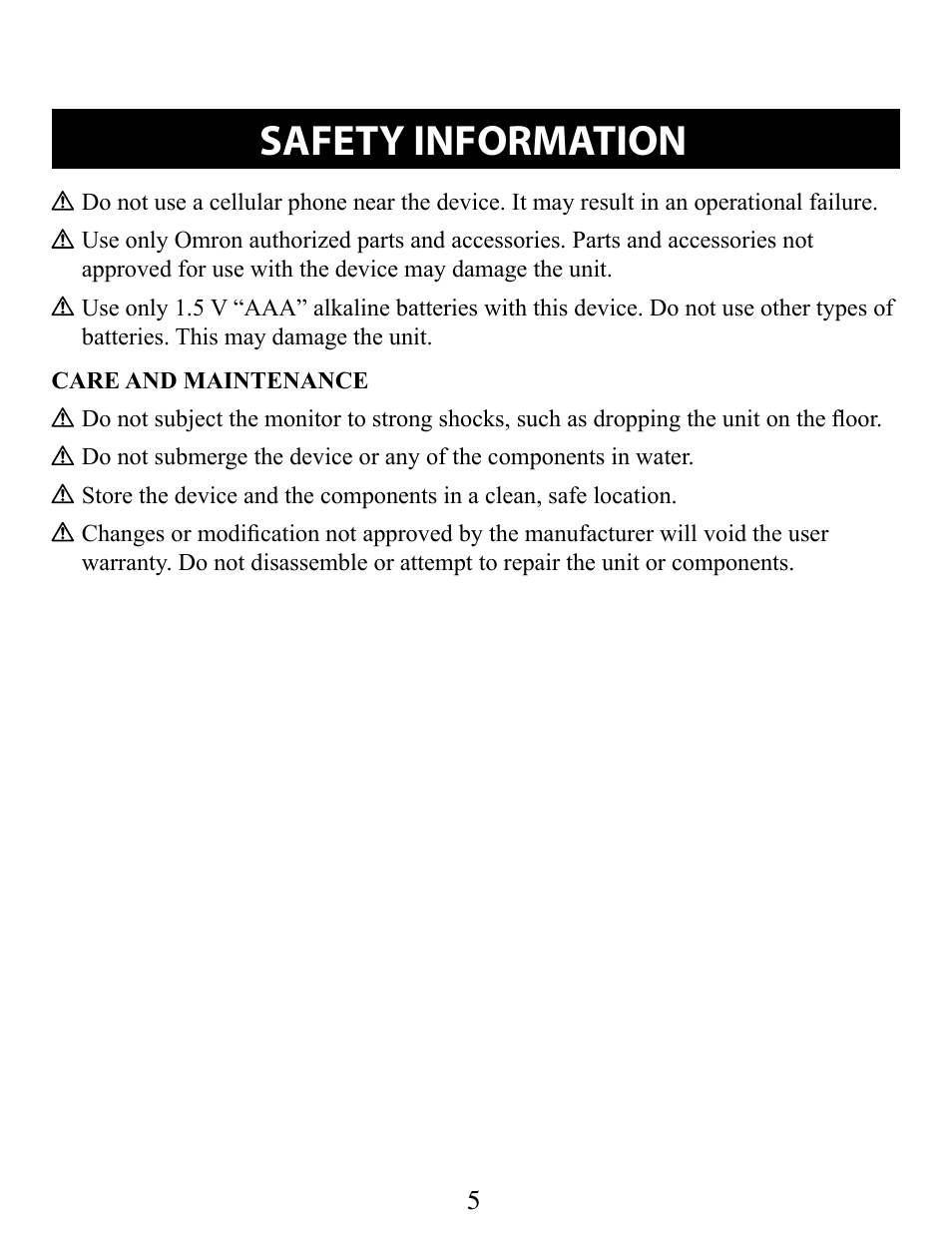 Care and maintenance, Safety information | Omron Healthcare BP629 User Manual | Page 5 / 27