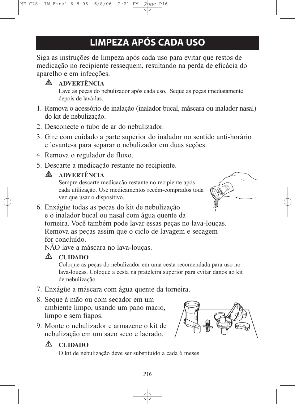 Limpeza após cada uso | Omron Healthcare COMPAIR NE-C28 User Manual | Page 100 / 112