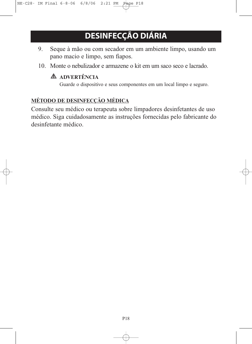 Desinfecção diária | Omron Healthcare COMPAIR NE-C28 User Manual | Page 102 / 112