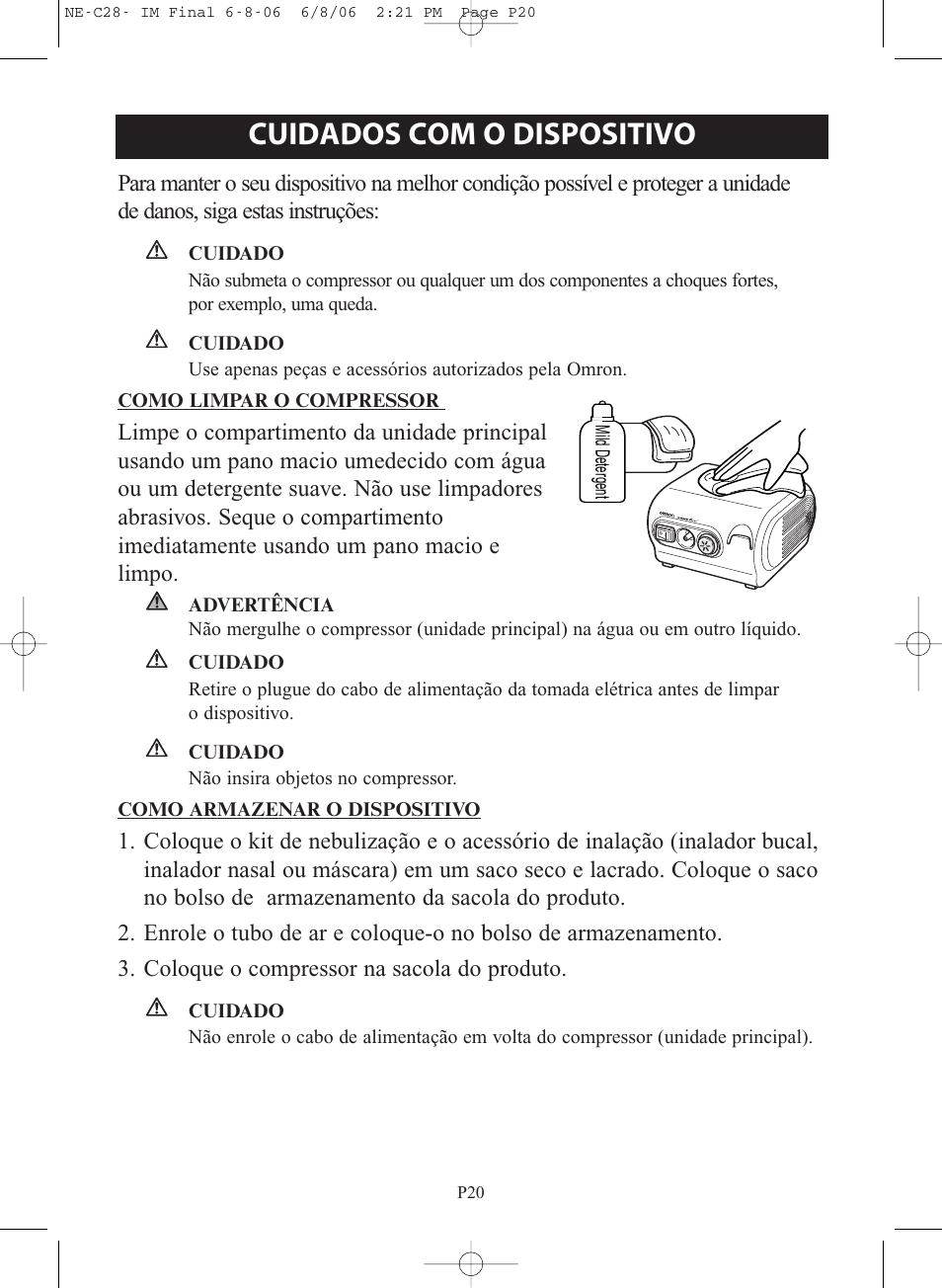 Cuidados com o dispositivo | Omron Healthcare COMPAIR NE-C28 User Manual | Page 104 / 112