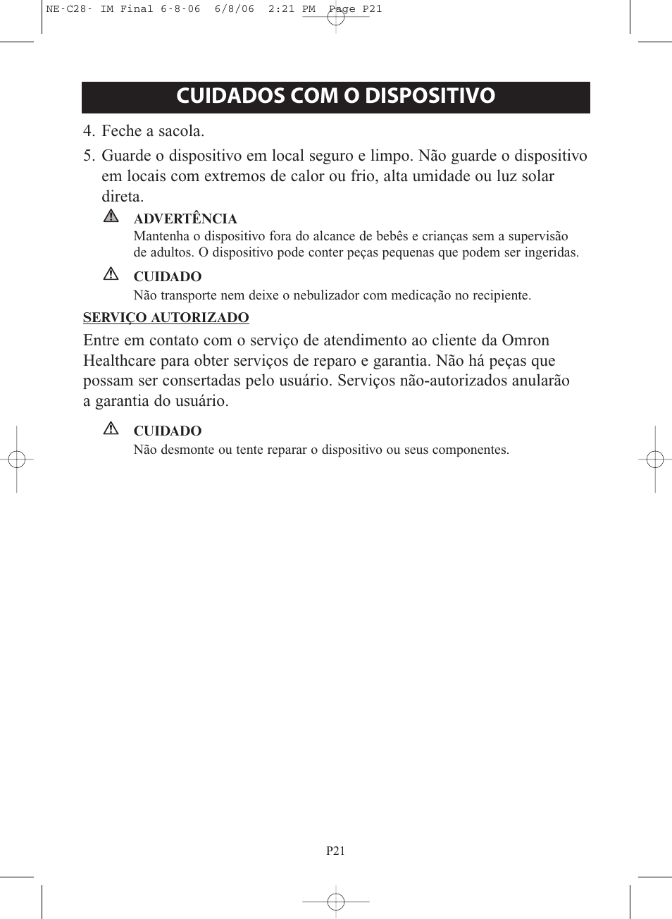 Cuidados com o dispositivo | Omron Healthcare COMPAIR NE-C28 User Manual | Page 105 / 112