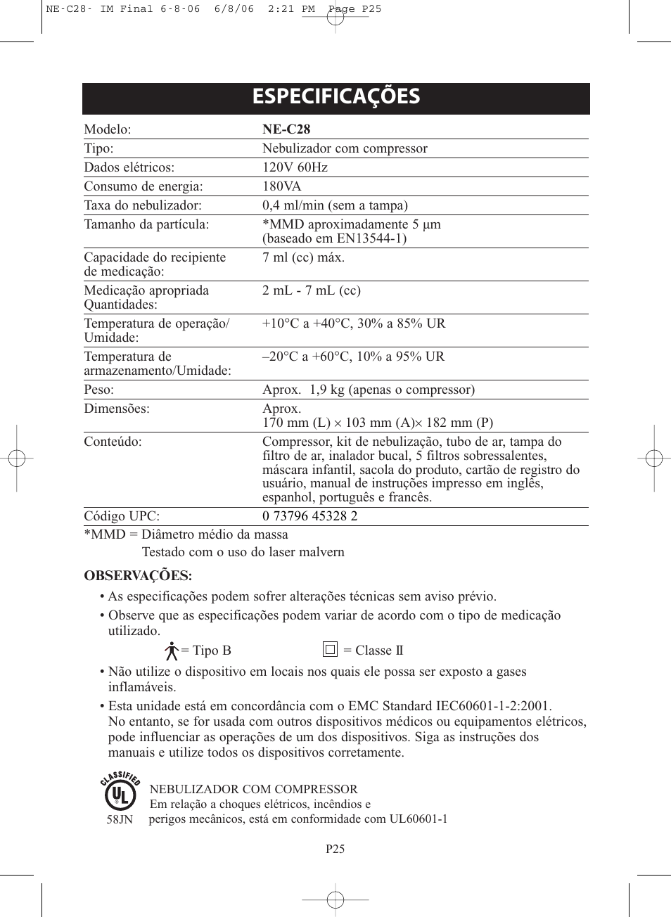 Especificações | Omron Healthcare COMPAIR NE-C28 User Manual | Page 109 / 112