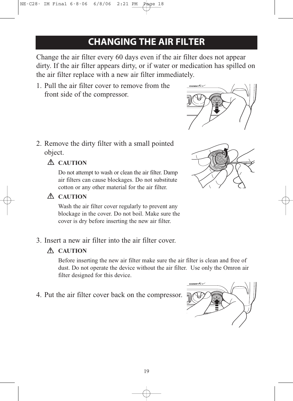 Changing the air filter | Omron Healthcare COMPAIR NE-C28 User Manual | Page 19 / 112