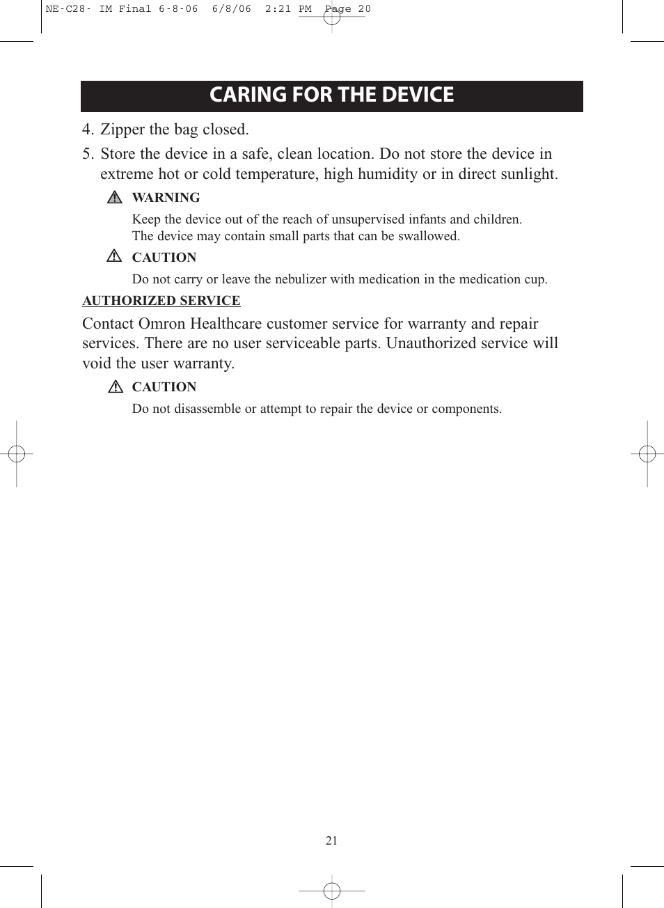 Caring for the device | Omron Healthcare COMPAIR NE-C28 User Manual | Page 21 / 112