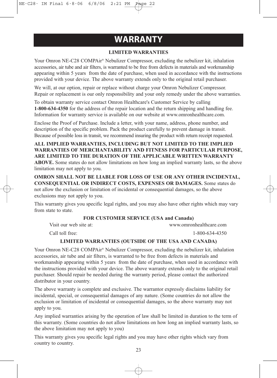 Warranty | Omron Healthcare COMPAIR NE-C28 User Manual | Page 23 / 112