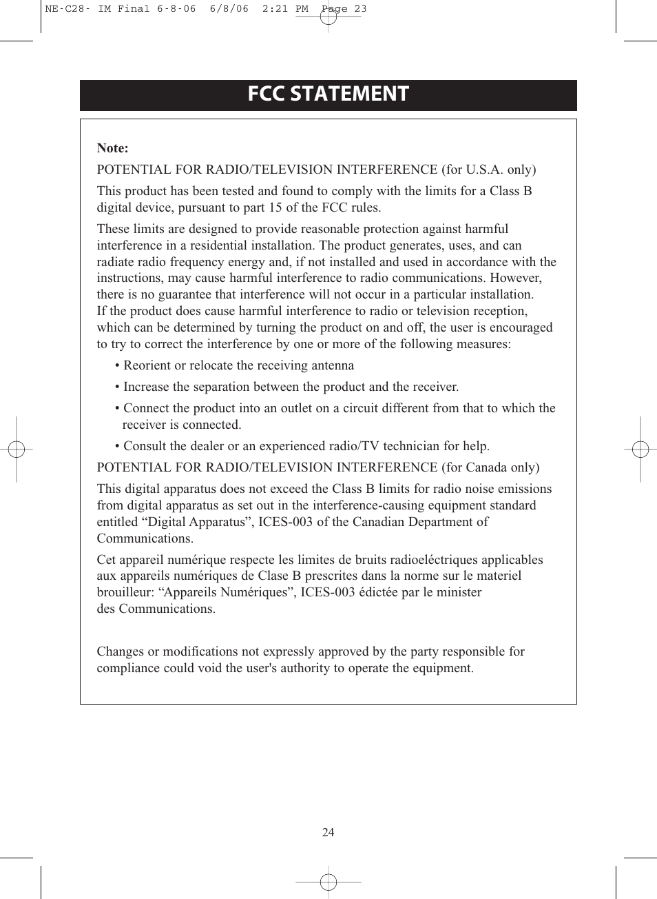 Fcc statement | Omron Healthcare COMPAIR NE-C28 User Manual | Page 24 / 112