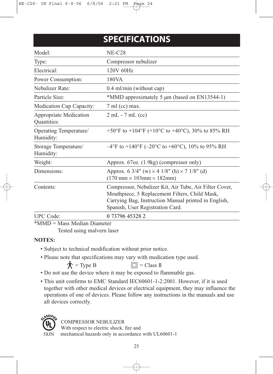 Specifications | Omron Healthcare COMPAIR NE-C28 User Manual | Page 25 / 112