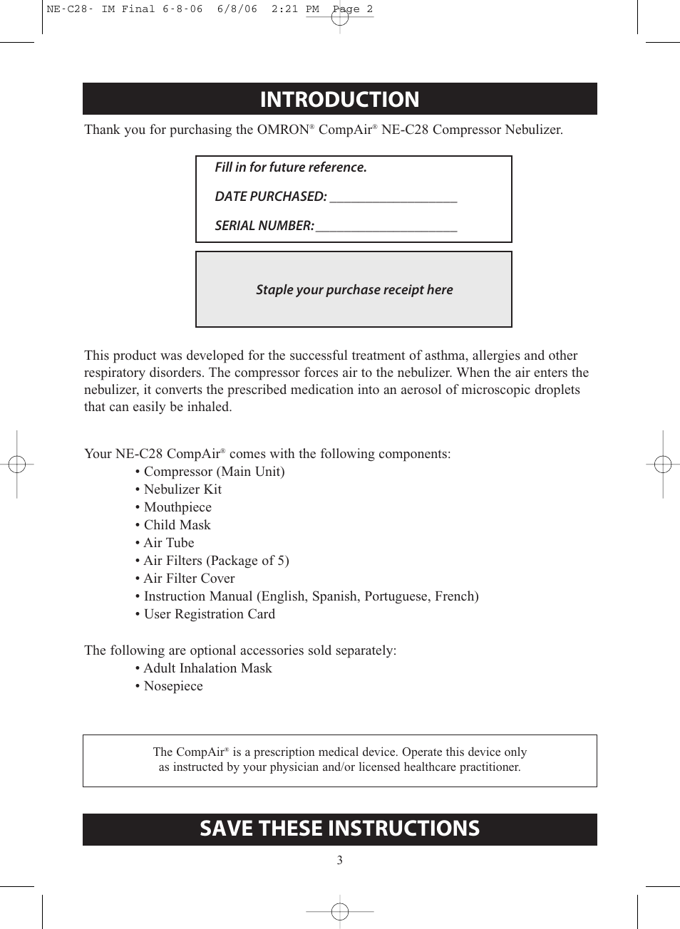 Introducti, Introduction, Save these instructions | Omron Healthcare COMPAIR NE-C28 User Manual | Page 3 / 112