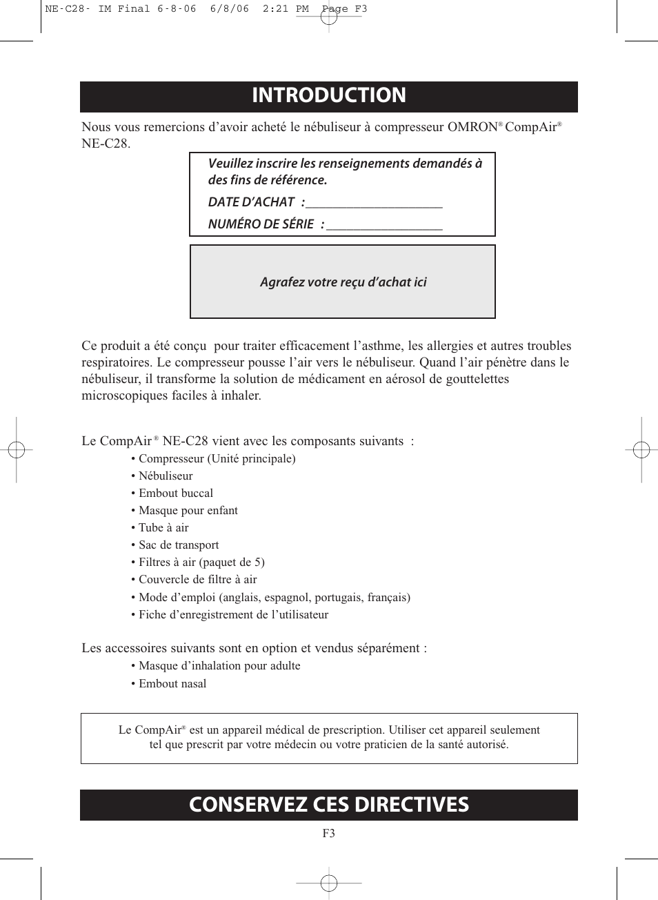 Introduction, Conservez ces directives | Omron Healthcare COMPAIR NE-C28 User Manual | Page 31 / 112