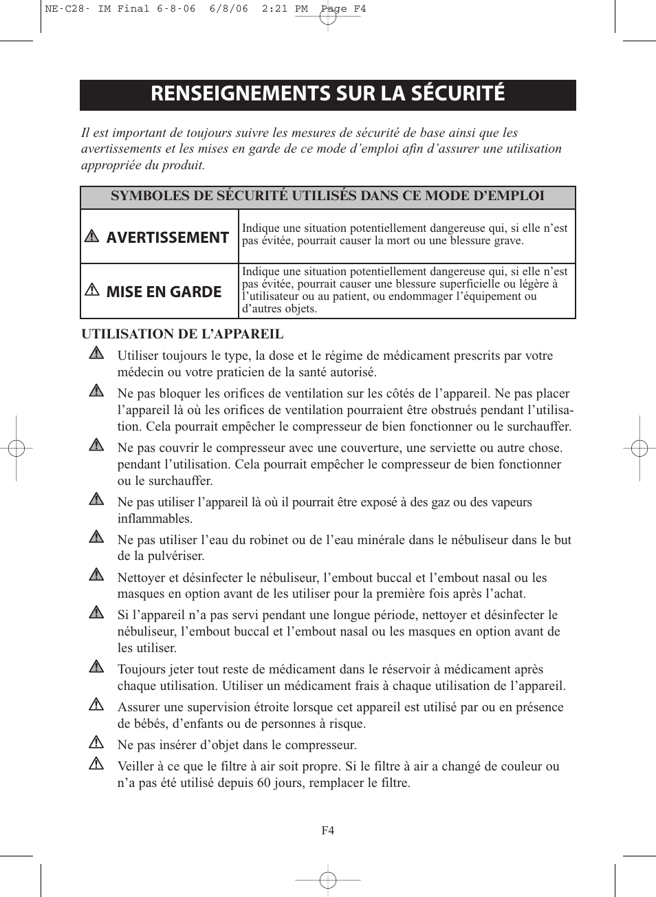 Renseignements sur la sécurité, Avertissement, Mise en garde | Omron Healthcare COMPAIR NE-C28 User Manual | Page 32 / 112