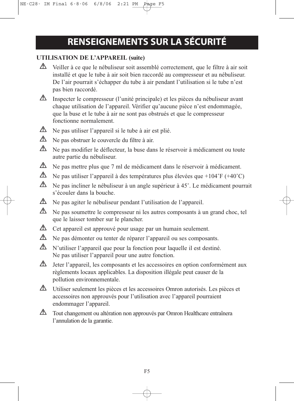 Renseignements sur la sécurité | Omron Healthcare COMPAIR NE-C28 User Manual | Page 33 / 112