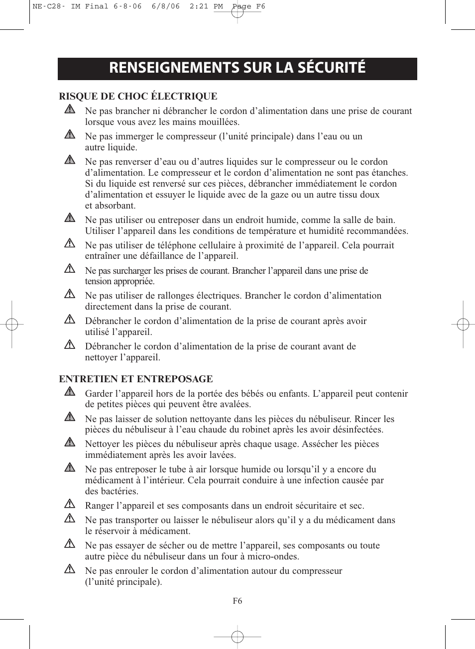 Renseignements sur la sécurité | Omron Healthcare COMPAIR NE-C28 User Manual | Page 34 / 112