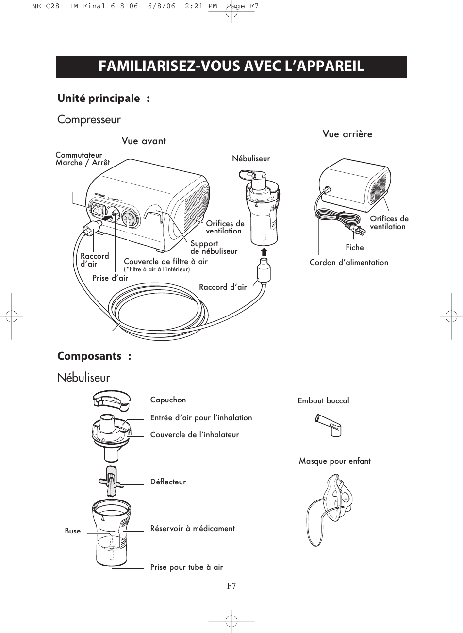 Familiarisez-vous avec l’appareil, Vue avant vue arrière | Omron Healthcare COMPAIR NE-C28 User Manual | Page 35 / 112