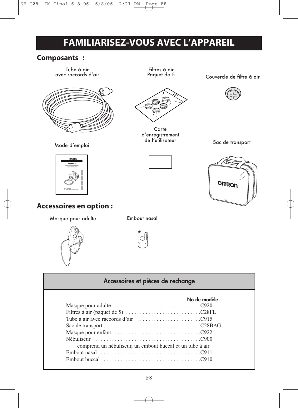 Familiarisez-vous avec l’appareil, Composants : accessoires en option, Accessoires et pièces de rechange | Omron Healthcare COMPAIR NE-C28 User Manual | Page 36 / 112