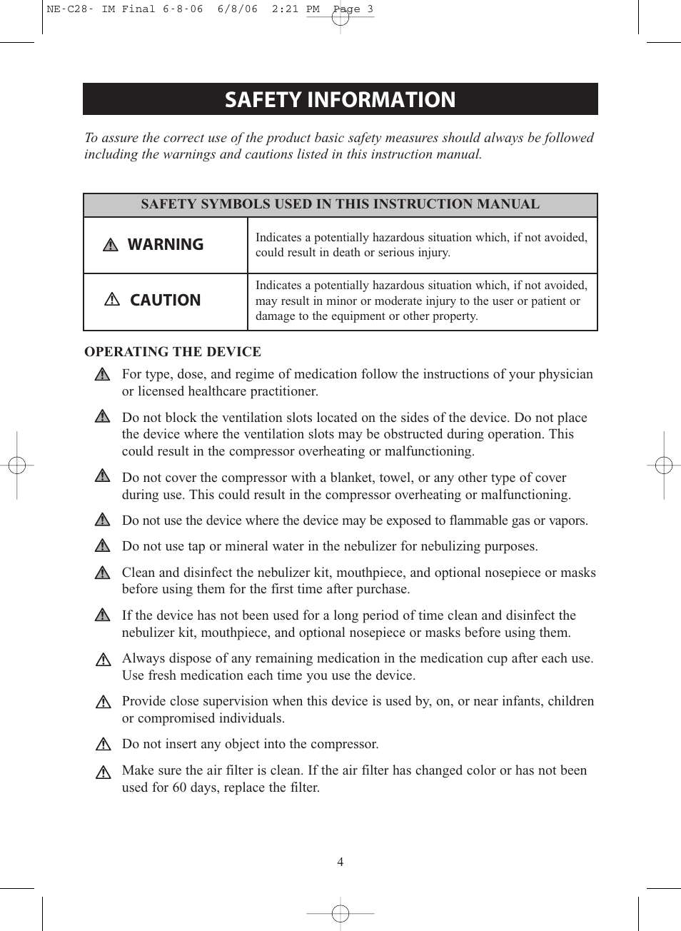 Safety information, Warning, Caution | Omron Healthcare COMPAIR NE-C28 User Manual | Page 4 / 112