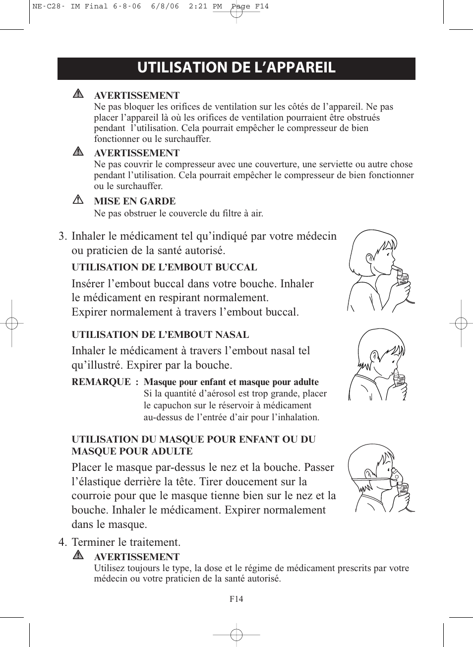 Utilisation de l’appareil | Omron Healthcare COMPAIR NE-C28 User Manual | Page 42 / 112