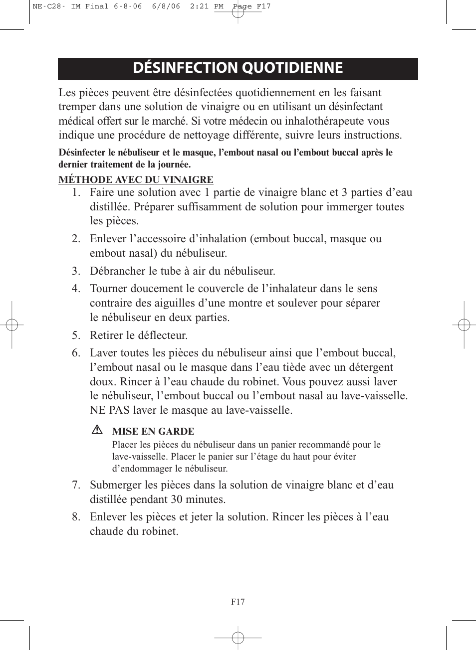 Désinfection quotidienne | Omron Healthcare COMPAIR NE-C28 User Manual | Page 45 / 112