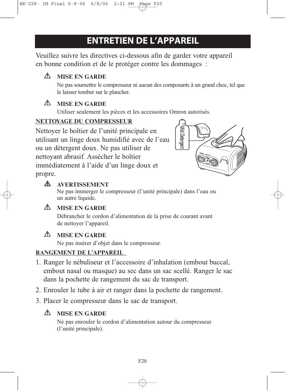 Entretien de l’appareil | Omron Healthcare COMPAIR NE-C28 User Manual | Page 48 / 112