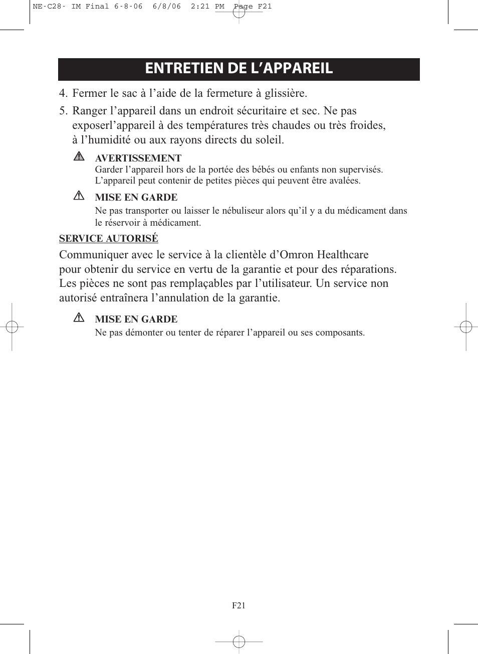 Entretien de l’appareil | Omron Healthcare COMPAIR NE-C28 User Manual | Page 49 / 112