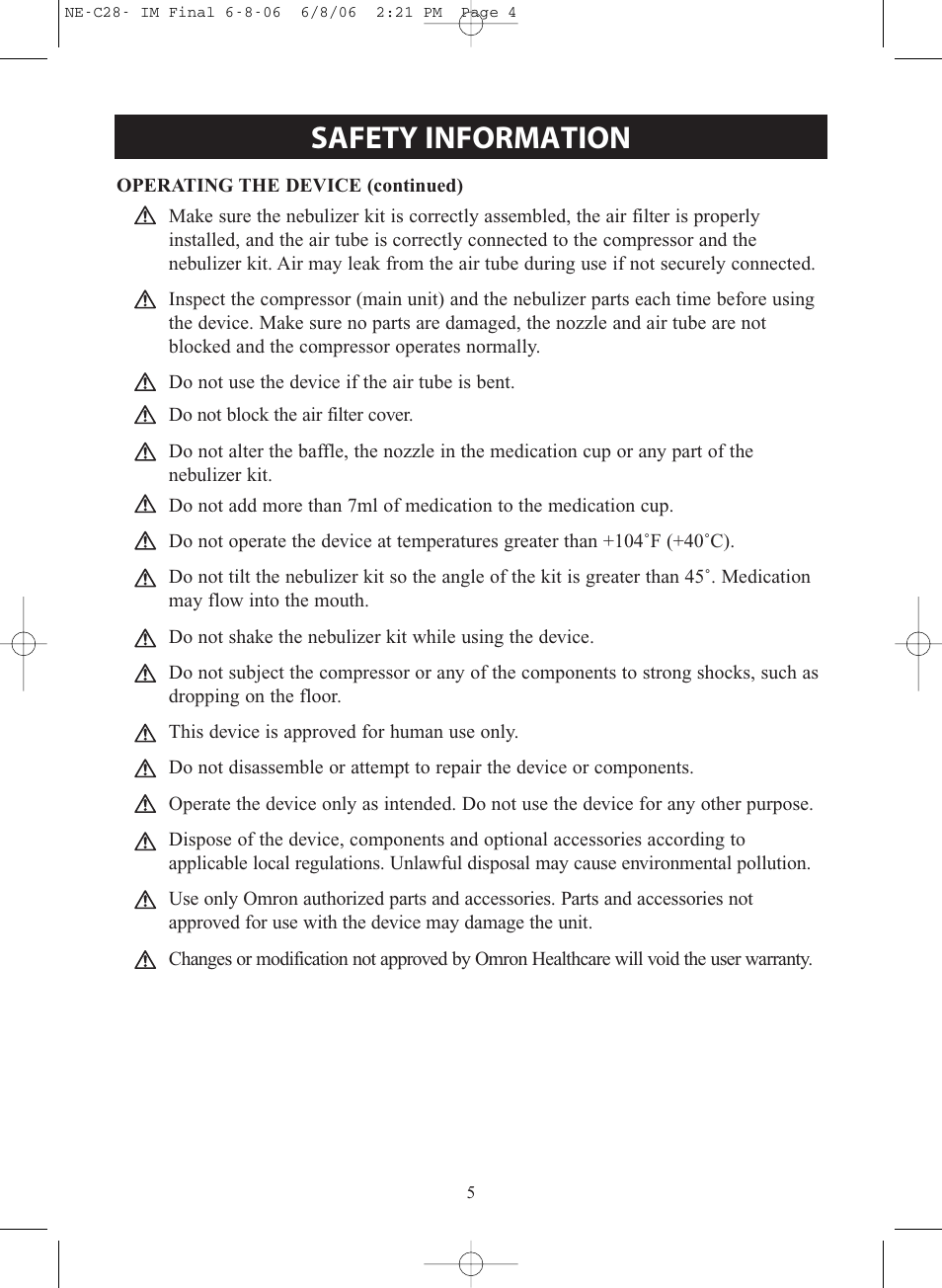 Safety information | Omron Healthcare COMPAIR NE-C28 User Manual | Page 5 / 112