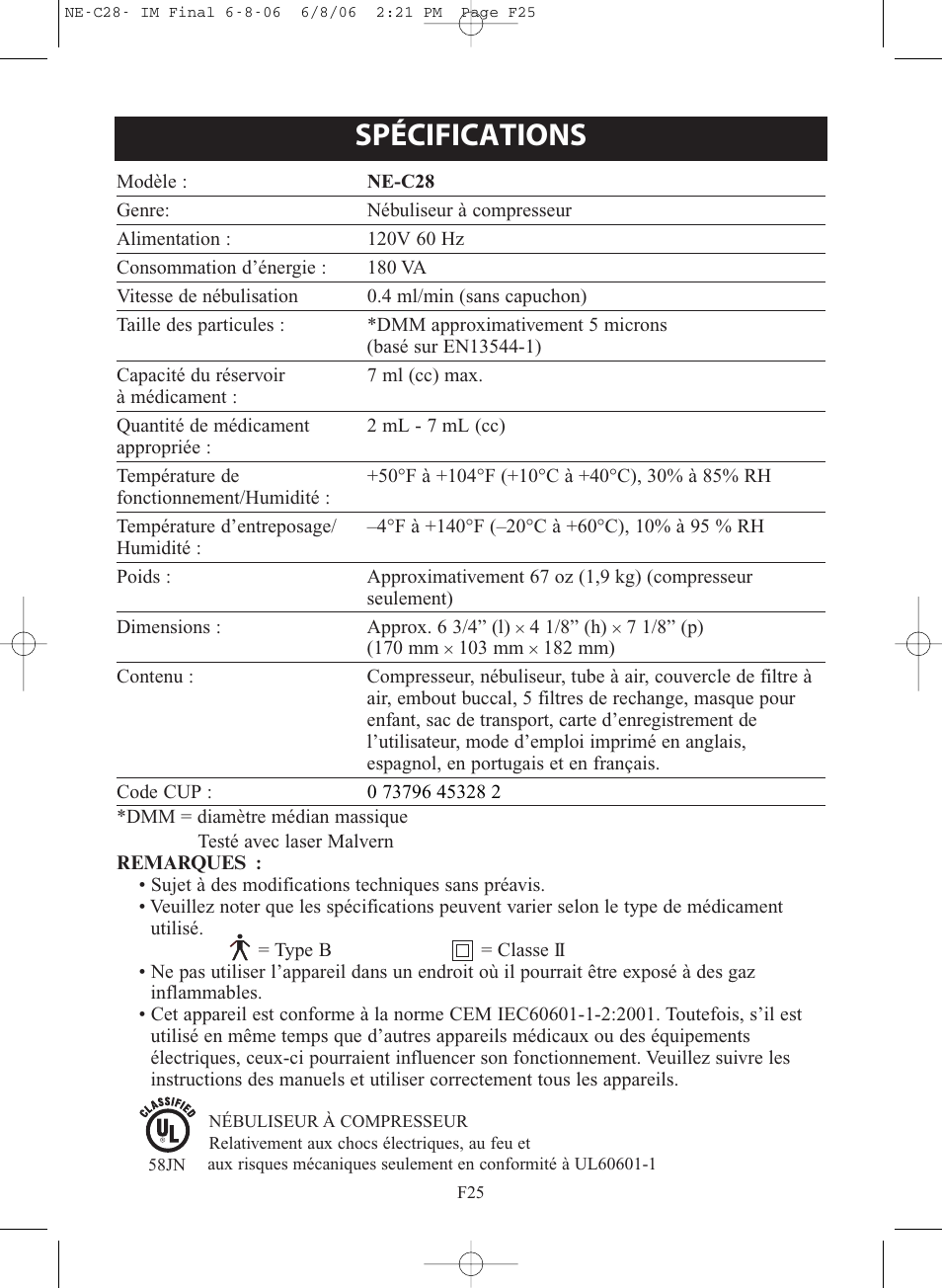 Spécifications | Omron Healthcare COMPAIR NE-C28 User Manual | Page 53 / 112