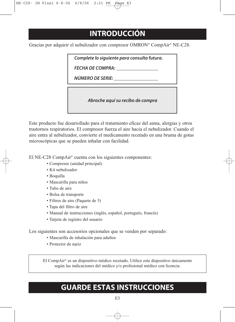 Introducción, Guarde estas instrucciones | Omron Healthcare COMPAIR NE-C28 User Manual | Page 59 / 112