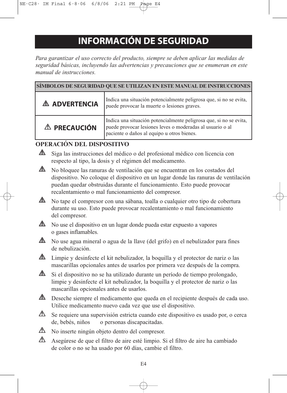 Información de seguridad, Advertencia, Precaución | Omron Healthcare COMPAIR NE-C28 User Manual | Page 60 / 112