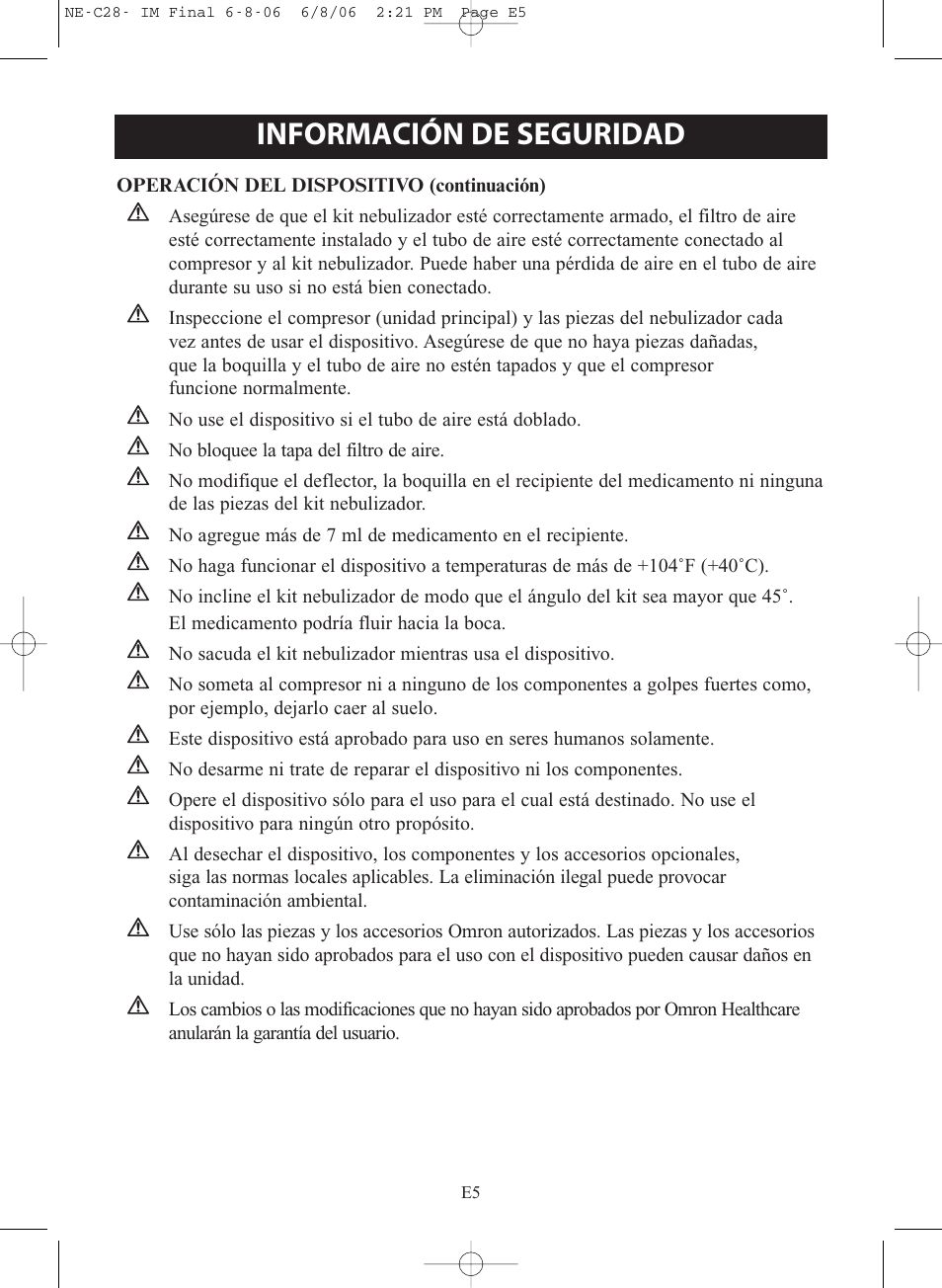 Información de seguridad | Omron Healthcare COMPAIR NE-C28 User Manual | Page 61 / 112