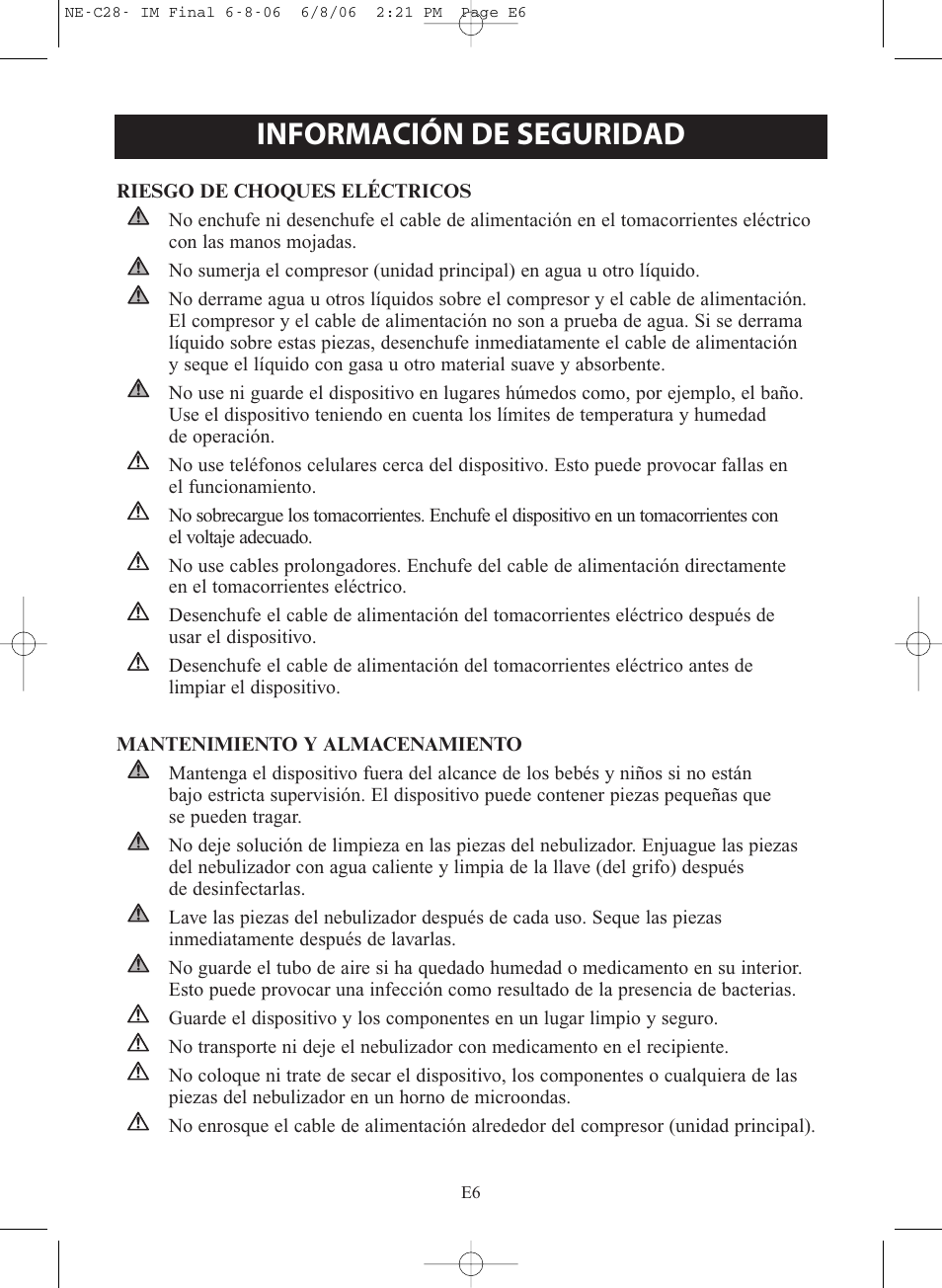 Información de seguridad | Omron Healthcare COMPAIR NE-C28 User Manual | Page 62 / 112