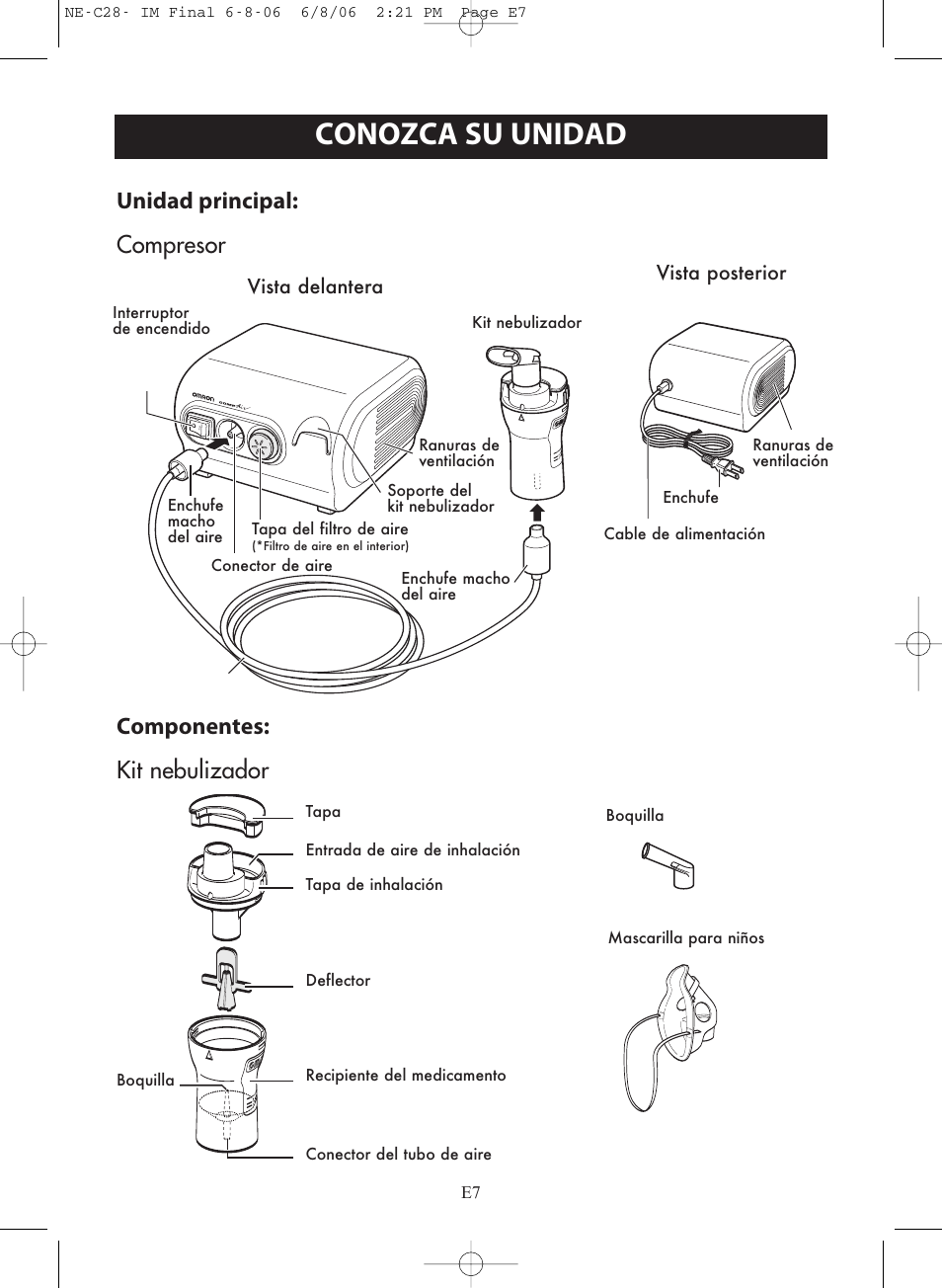 Conozca su unidad, Vista delantera vista posterior | Omron Healthcare COMPAIR NE-C28 User Manual | Page 63 / 112