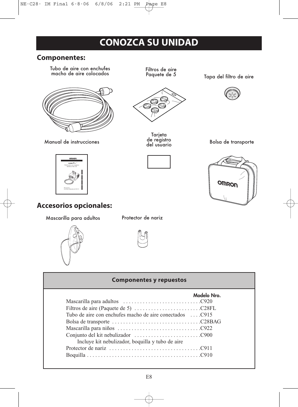 Conozca su unidad, Componentes: accesorios opcionales, Componentes y repuestos | Omron Healthcare COMPAIR NE-C28 User Manual | Page 64 / 112