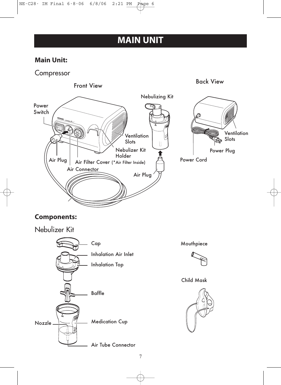 Main unit, Main unit: compressor components: nebulizer kit | Omron Healthcare COMPAIR NE-C28 User Manual | Page 7 / 112