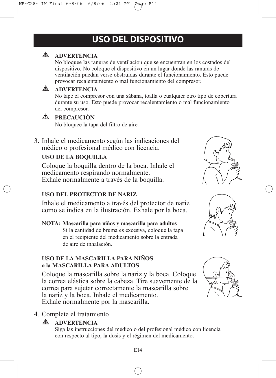 Uso del dispositivo | Omron Healthcare COMPAIR NE-C28 User Manual | Page 70 / 112