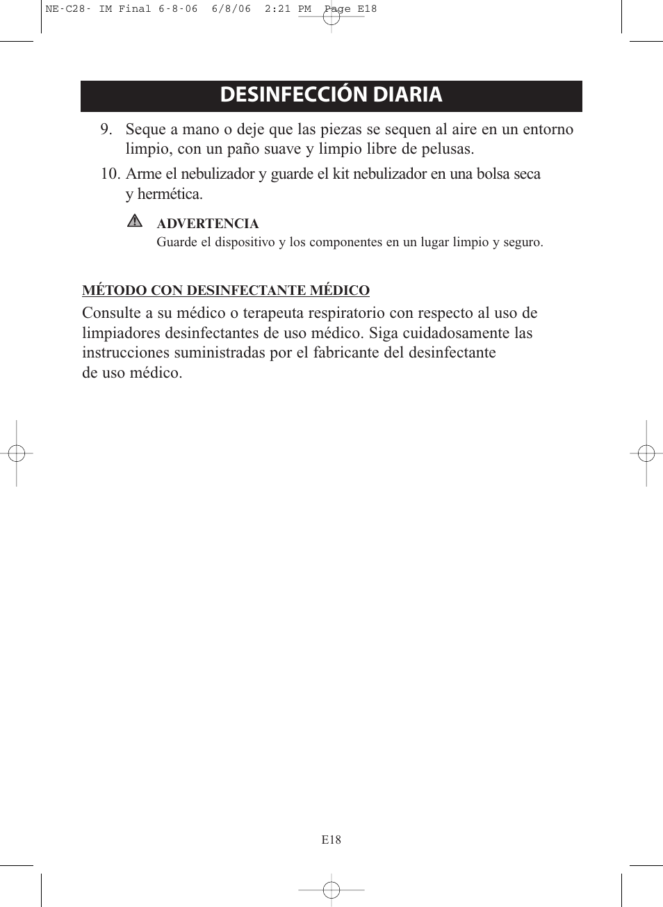 Desinfección diaria | Omron Healthcare COMPAIR NE-C28 User Manual | Page 74 / 112